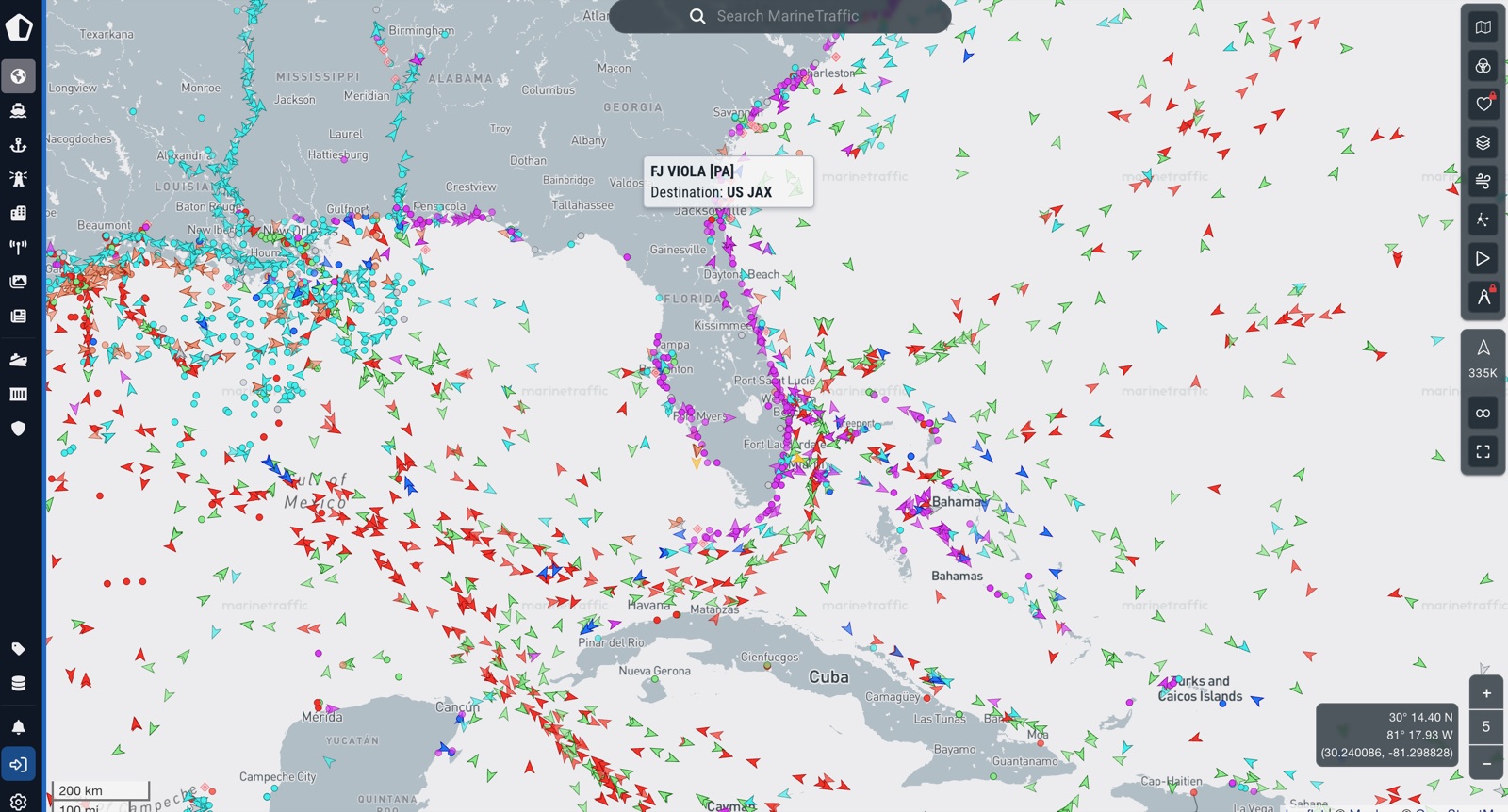 A commercial AIS tracker: the entire Gulf and Caribbean covered edge to edge in vessel icons, all equally bright, over watermarked map tiles.